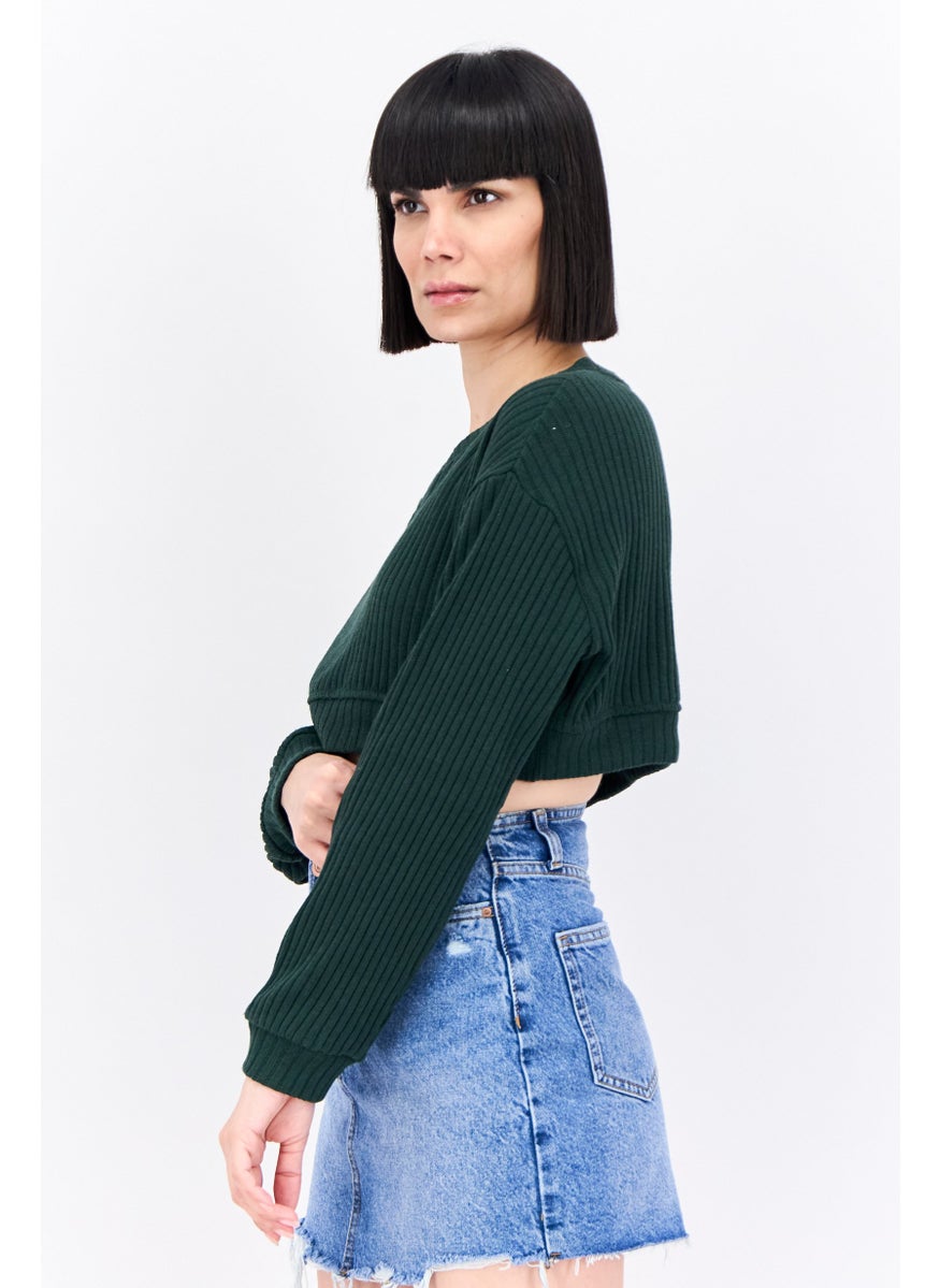 Bershka Women V-Neck Long Sleeves Ribbed Crop Tops,  Dark Olive  - Image 2