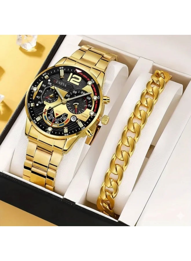 Geneva Stylish Round Quartz Watch and Bracelet 2pcs Set - Image 1