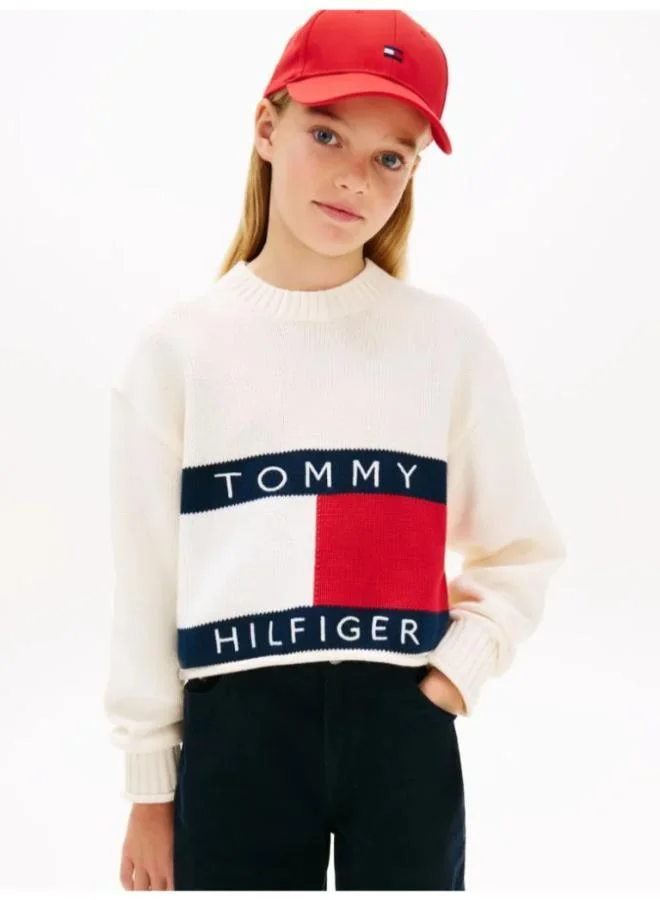 تومي هيلفيغر كنزة صوفية برقبة مستديرة بطبعة شعار للأطفال