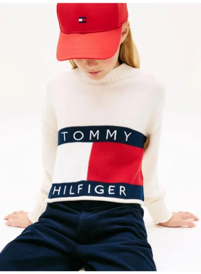تومي هيلفيغر كنزة صوفية برقبة مستديرة بطبعة شعار للأطفال