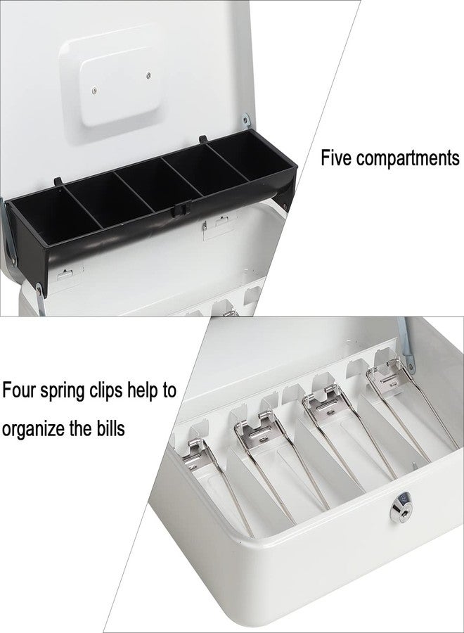 Parrency Cash Box with Money Tray and Key Lock, Large Money Box, 5 Compartments for Cions & 4 Spring-Loaded Clips for Bills, 11 4/5" x 9 2/5" x 3 1/2", White - Image 4