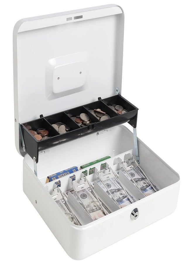 Parrency Cash Box with Money Tray and Key Lock, Large Money Box, 5 Compartments for Cions & 4 Spring-Loaded Clips for Bills, 11 4/5" x 9 2/5" x 3 1/2", White - Image 1