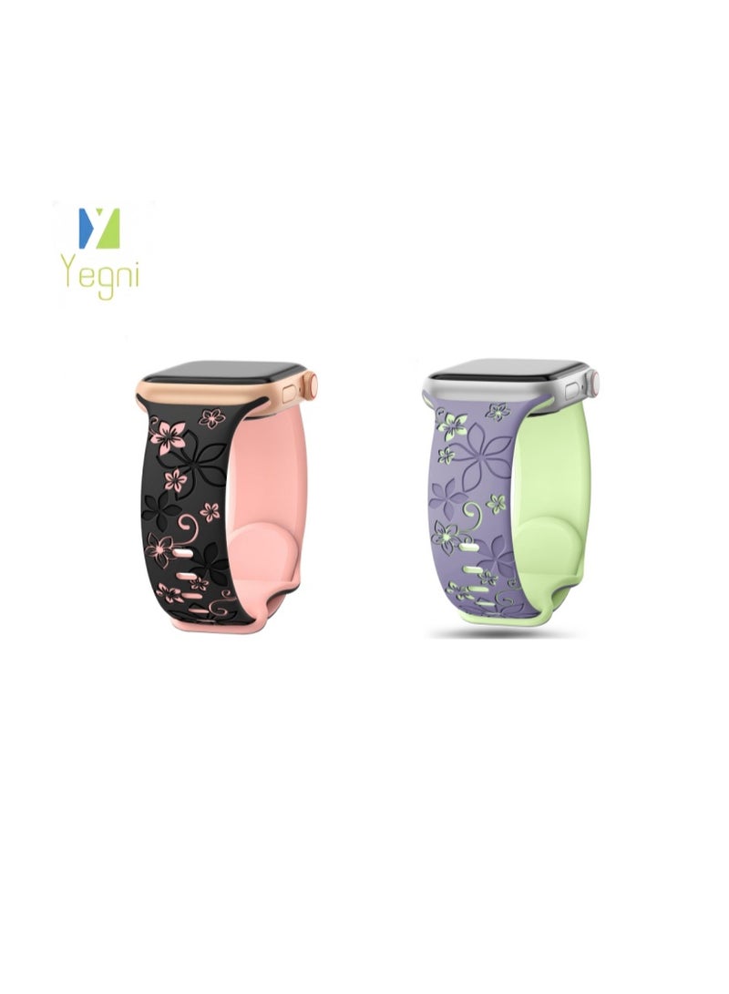 Yegni 2PCS Suitable for Apple iWatch floral bauhinia laser-engraved silicone watch band Apple Watch 3D engraved watch band - Image 1