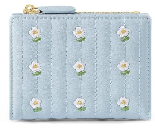 kuifang Girls Cute flowers Print Wallet, Small Tri-folded Aesthetic Wallet, PU Leather Purse Cash Pocket Card Holder ID Window Purse for Women(Blue) - Image 1