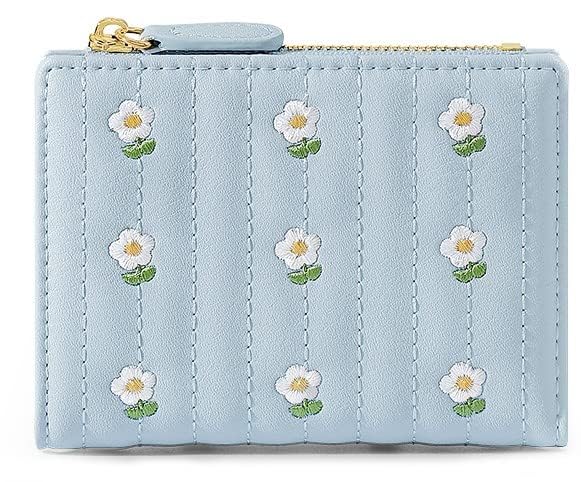 kuifang Girls Cute flowers Print Wallet, Small Tri-folded Aesthetic Wallet, PU Leather Purse Cash Pocket Card Holder ID Window Purse for Women(Blue) - Image 2