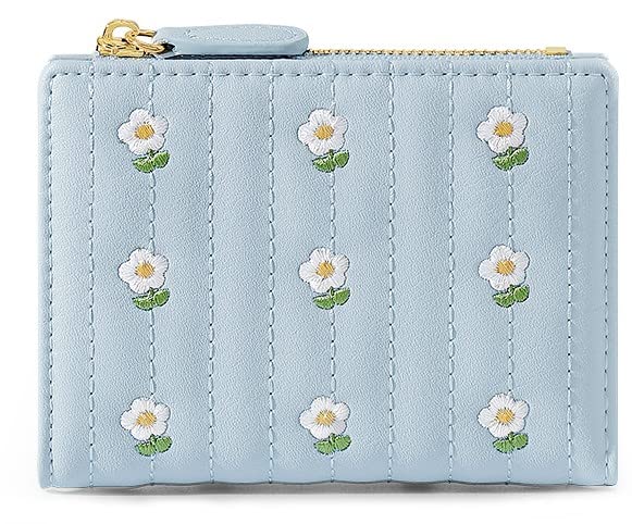 kuifang Girls Cute flowers Print Wallet, Small Tri-folded Aesthetic Wallet, PU Leather Purse Cash Pocket Card Holder ID Window Purse for Women(Blue) - Image 4