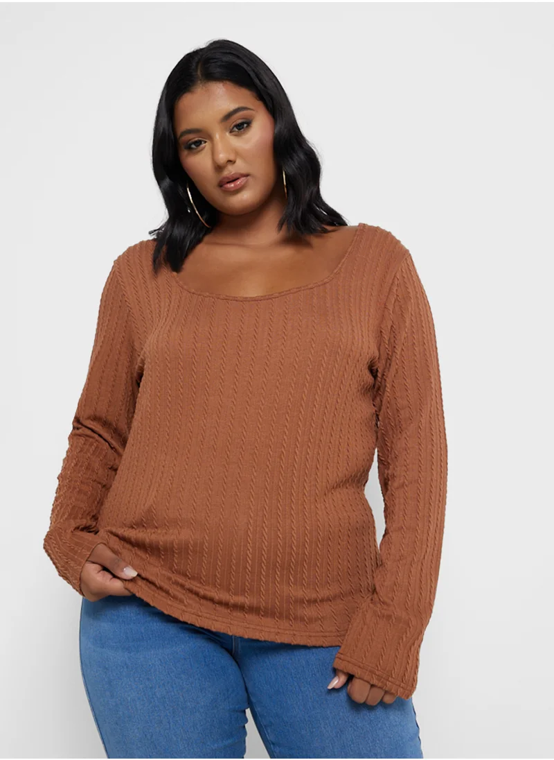 Ginger Plus Ribbed Scoop Neck Long Sleeves Top