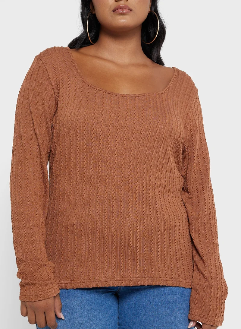Ginger Plus Ribbed Scoop Neck Long Sleeves Top