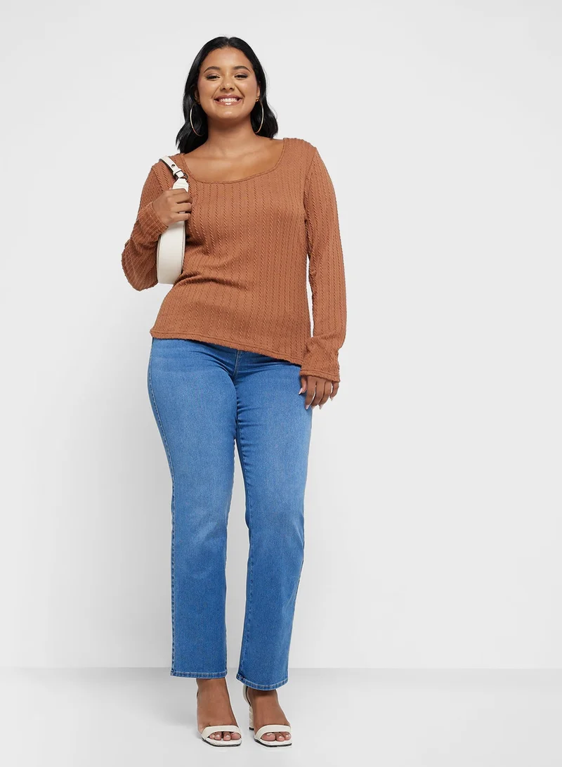 Ginger Plus Ribbed Scoop Neck Long Sleeves Top