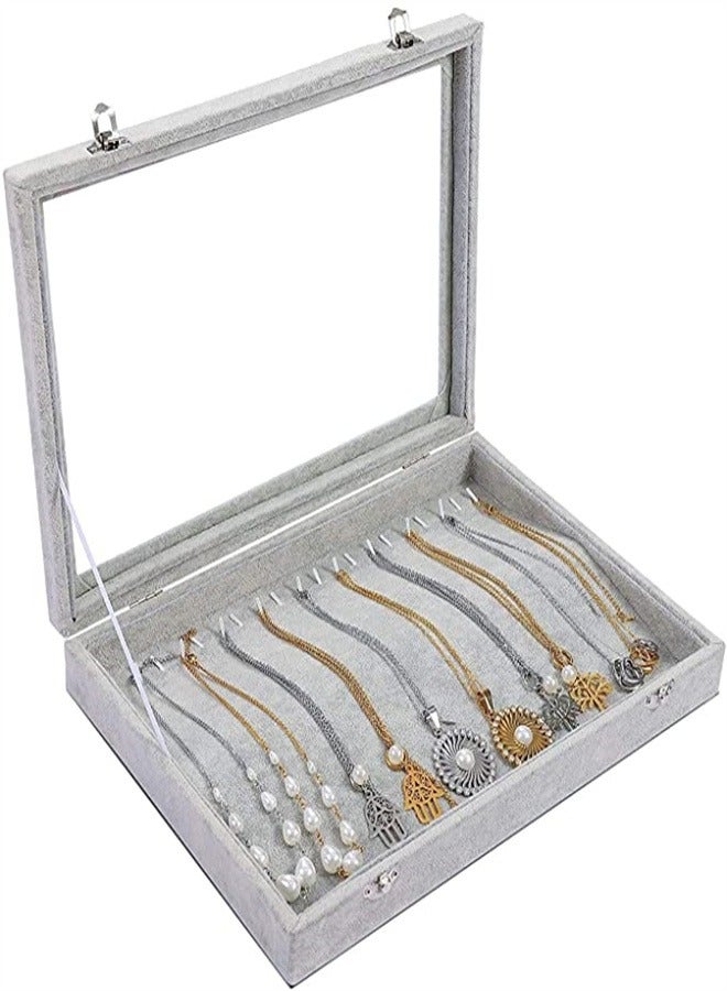 ORiTi Ice Velvet 20 Hooks Jewelry Showcase for Necklace Box Stackable Glass Top Lockable  - Image 3