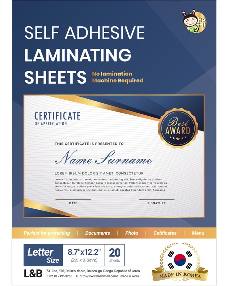 Hashi No Heat Laminating Sheets Self Sealing 8.7 x 12.2 Inch, 20 Pack, 4mil Thickness, Transparent, No Machine Self Adhesive Laminating Sheets, Protect documents and Photos [Letter Size] by HA SHI - Image 1