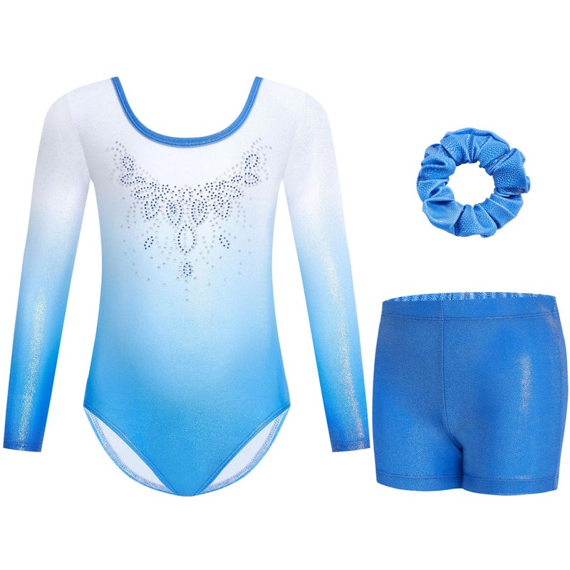 Gogokids Gymnastics Leotards for Girls Long Sleeve Sparkly Rhinestone Dance Unitards Biketards with Shorts, B-Blue Gradient, 8-9 Years - Image 1