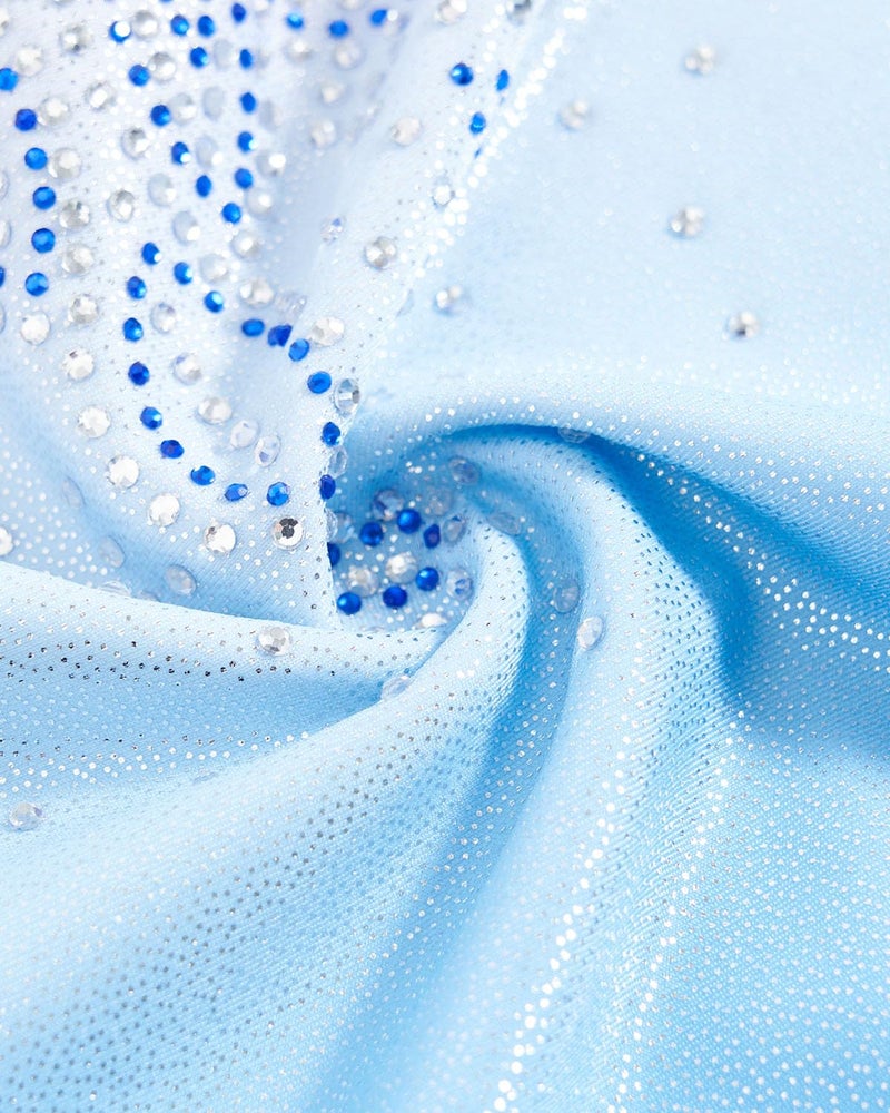 Gogokids Gymnastics Leotards for Girls Long Sleeve Sparkly Rhinestone Dance Unitards Biketards with Shorts, B-Blue Gradient, 8-9 Years - Image 4