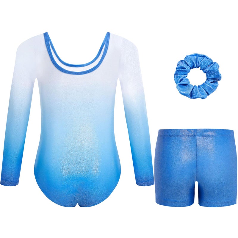 Gogokids Gymnastics Leotards for Girls Long Sleeve Sparkly Rhinestone Dance Unitards Biketards with Shorts, B-Blue Gradient, 8-9 Years - Image 2