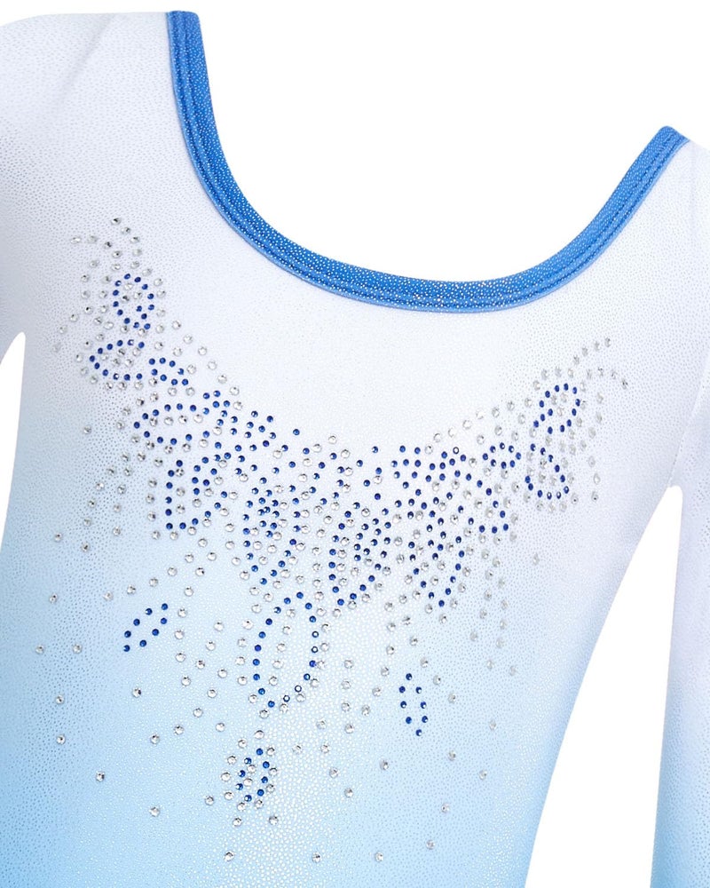 Gogokids Gymnastics Leotards for Girls Long Sleeve Sparkly Rhinestone Dance Unitards Biketards with Shorts, B-Blue Gradient, 8-9 Years - Image 3