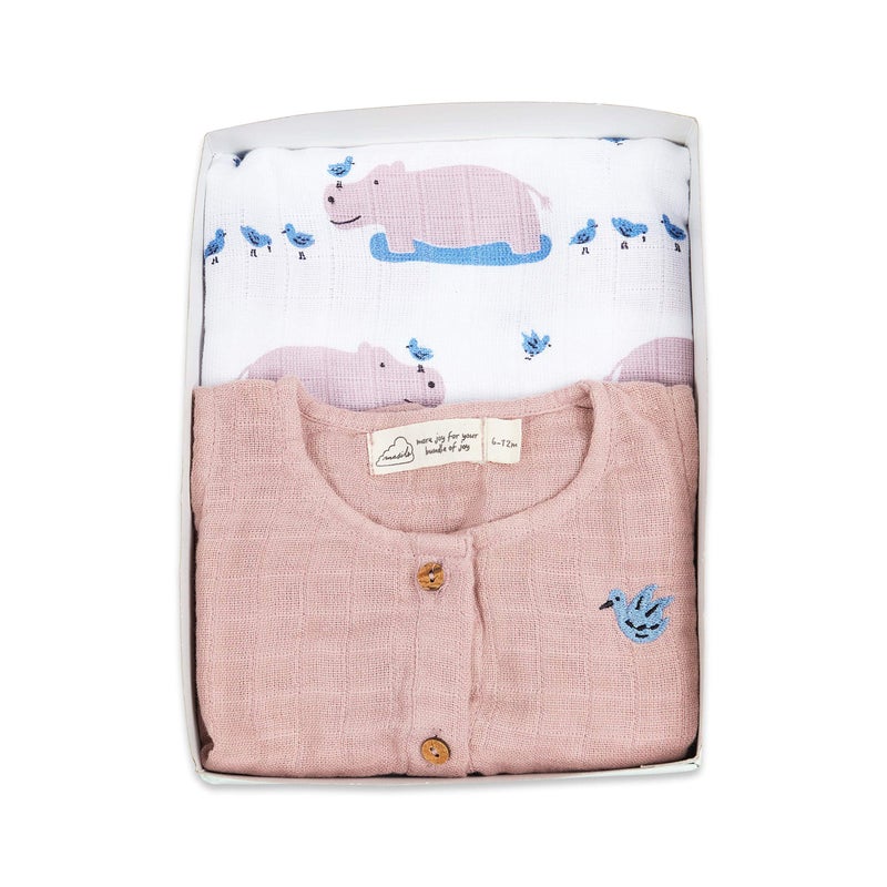 Masilo Organic Cotton Baby Romper and Swaddle Blanket Gift Set - Pink - Size 0-6 Months - Unisex - Happy As A Hippo - Image 1