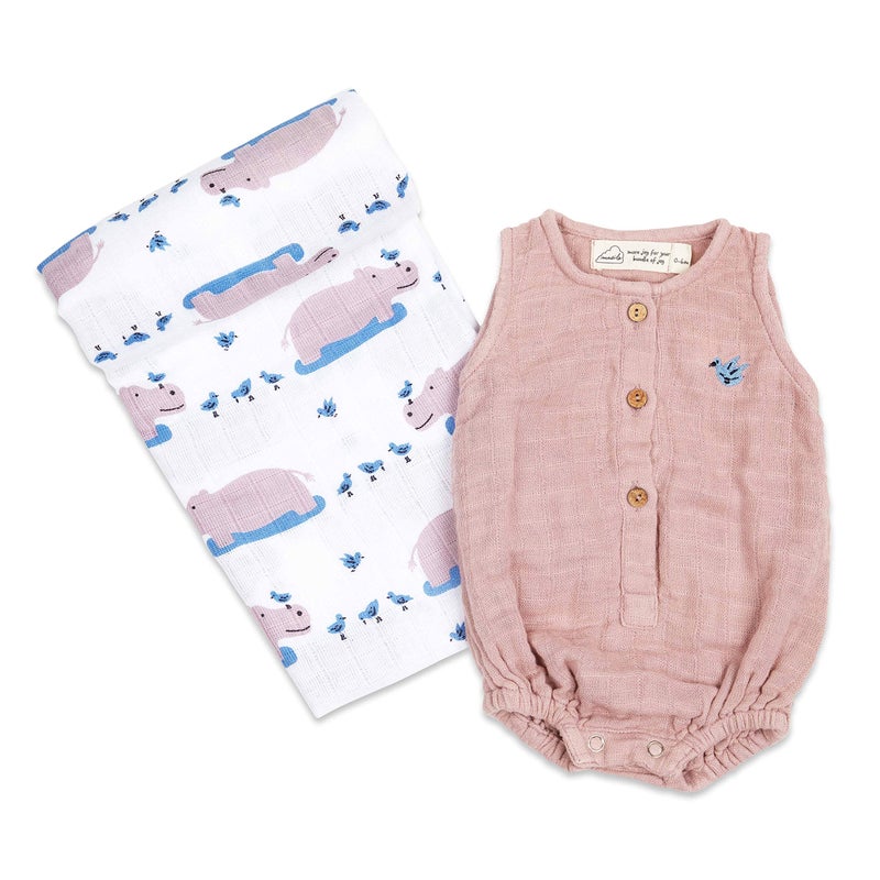 Masilo Organic Cotton Baby Romper and Swaddle Blanket Gift Set - Pink - Size 0-6 Months - Unisex - Happy As A Hippo - Image 2