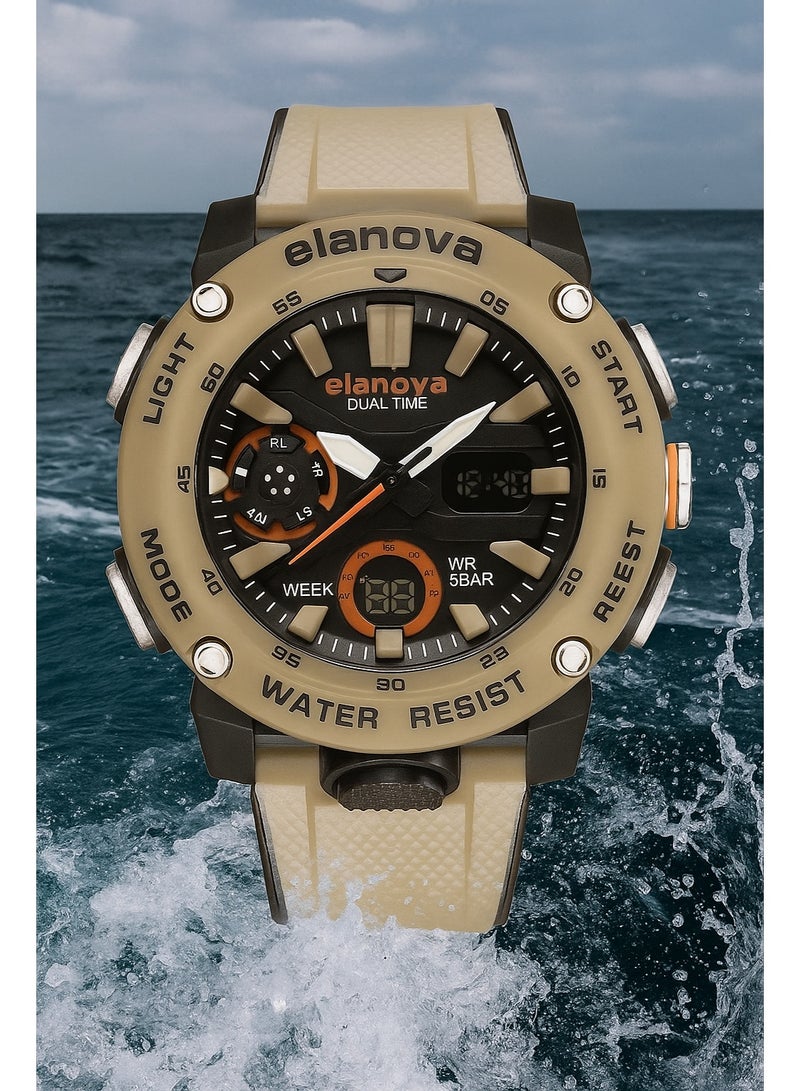 Elanova Sporty analog-digital watch with dual time feature, durable silicone strap, and 5-bar water resistance, model EL70. - Image 2