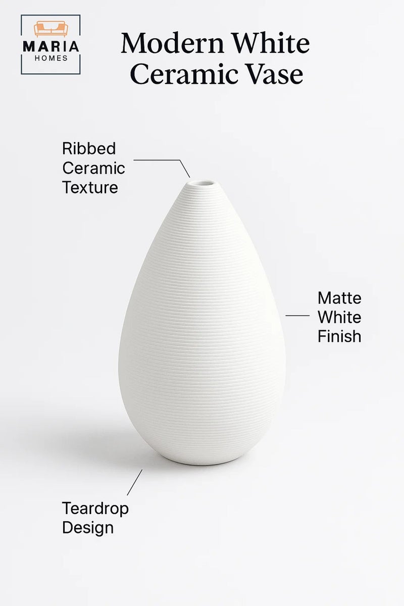 ماريا هومز مزهرية بيضاء حديثة – مزهرية طاولة خزفية من قطرة الدمعة لديكور المنزل والمكتب - Image 4