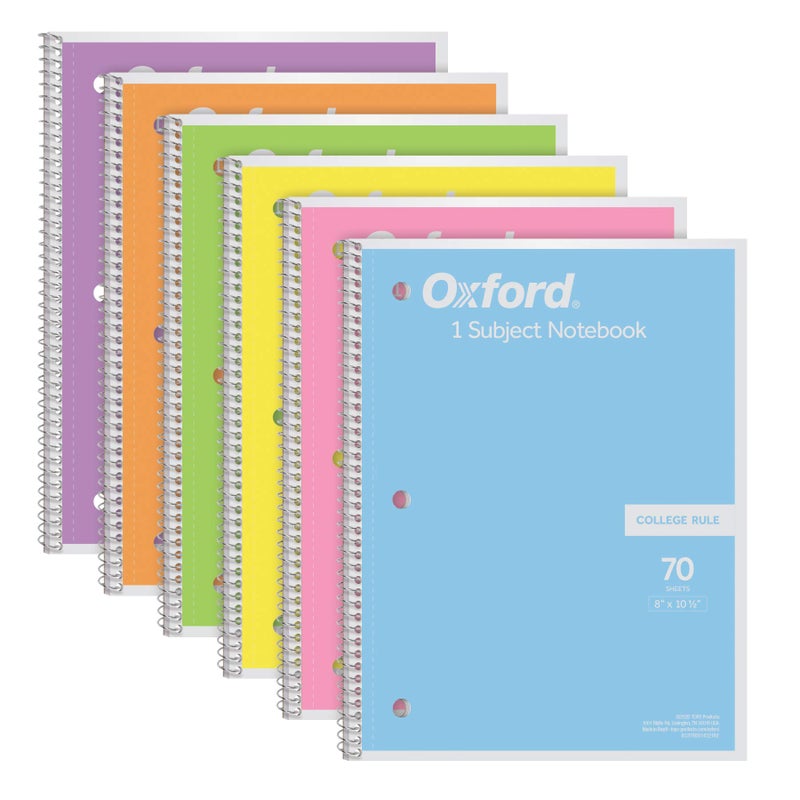 Oxford Spiral Notebook, 1 Subject, College Ruled Paper, 8 x 10-1/2 Inch, Pastel Pink, Orange, Yellow, Green, Blue and Purple, 70 Sheets (63756), Set of 6 - Image 1