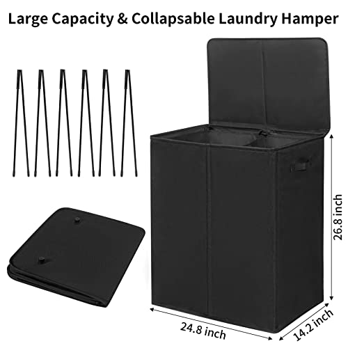 WOWLIVE 154L Double Laundry Hamper with Lid and Removable Laundry Bags, Large Dirty Clothes Hamper 2 section Collapsible Laundry Basket Dorm Room Storage for Bedroom, Bathroom, College, Black - Image 5