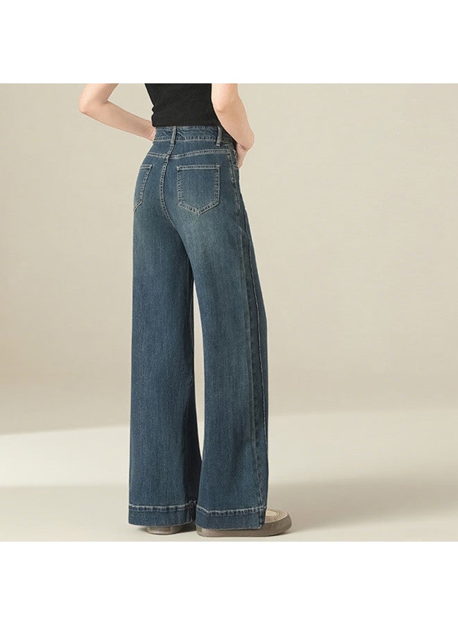 Yanyee Autumn Winter Vintage Washed Blue Denim Jeans For Women Loose Slim Wide-leg Straight Pants Blue XL - Image 2