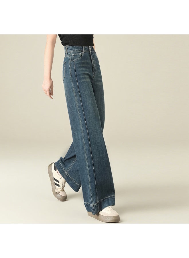 Yanyee Autumn Winter Vintage Washed Blue Denim Jeans For Women Loose Slim Wide-leg Straight Pants Blue XL - Image 1
