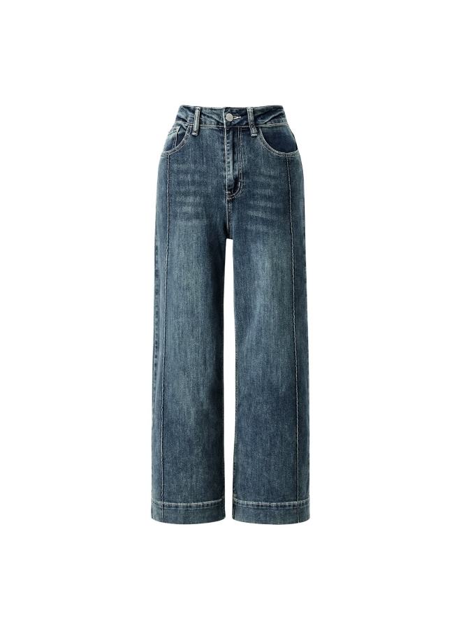 Yanyee Autumn Winter Vintage Washed Blue Denim Jeans For Women Loose Slim Wide-leg Straight Pants Blue XL - Image 3