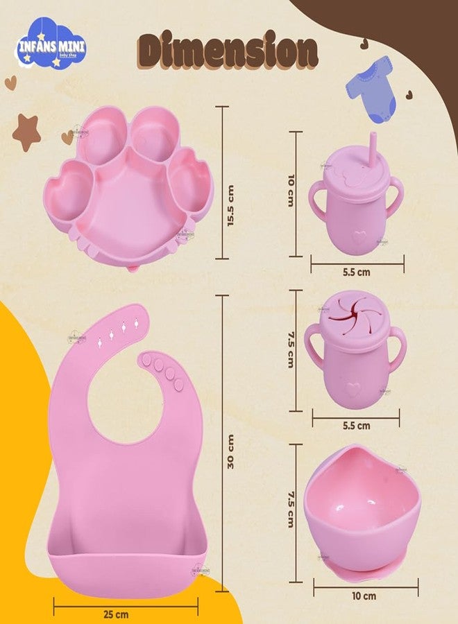 Infans Mini طقم تغذية الأطفال من السيليكون من إنفانز، 7 قطع، خالٍ من مادة BPA، آمن للاستخدام في الميكروويف، طقم أدوات مائدة للأطفال الرضع والصغار، مريلة سيليكون، أدوات مائدة للأطفال (وردي) - Image 4