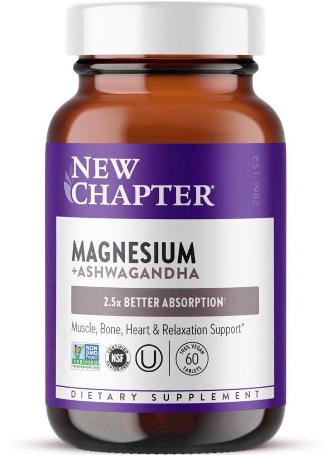 New Chapter Magnesium, Magnesium + Ashwagandha Supplement, 2.5X Absorption, Muscle Recovery, Heart & Bone Health, Calm & Relaxation, Gluten Free, Non-GMO - 60 ct - Image 1