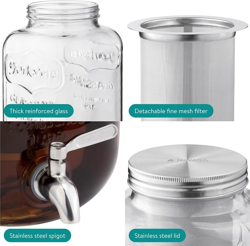 SYOSI 4L Glass Beverage Dispenser with Tap, Iced Drink Maker with Stainless Steel Leakproof Tap & Mesh Filter, Large Cold Mason Jar Beverage Dispenser for Parties, Lemonade, Cocktails, Juice, Water - Image 4