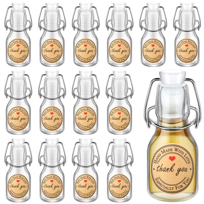 Queekay 20 Pcs Mini Flip Top Glass Bottle with Stoppers Decorative Swing Top Bottles with Lids Kraft Adhesive Round Stickers for Homemade Vanilla Extract Wedding Themed Party Favors2 oz