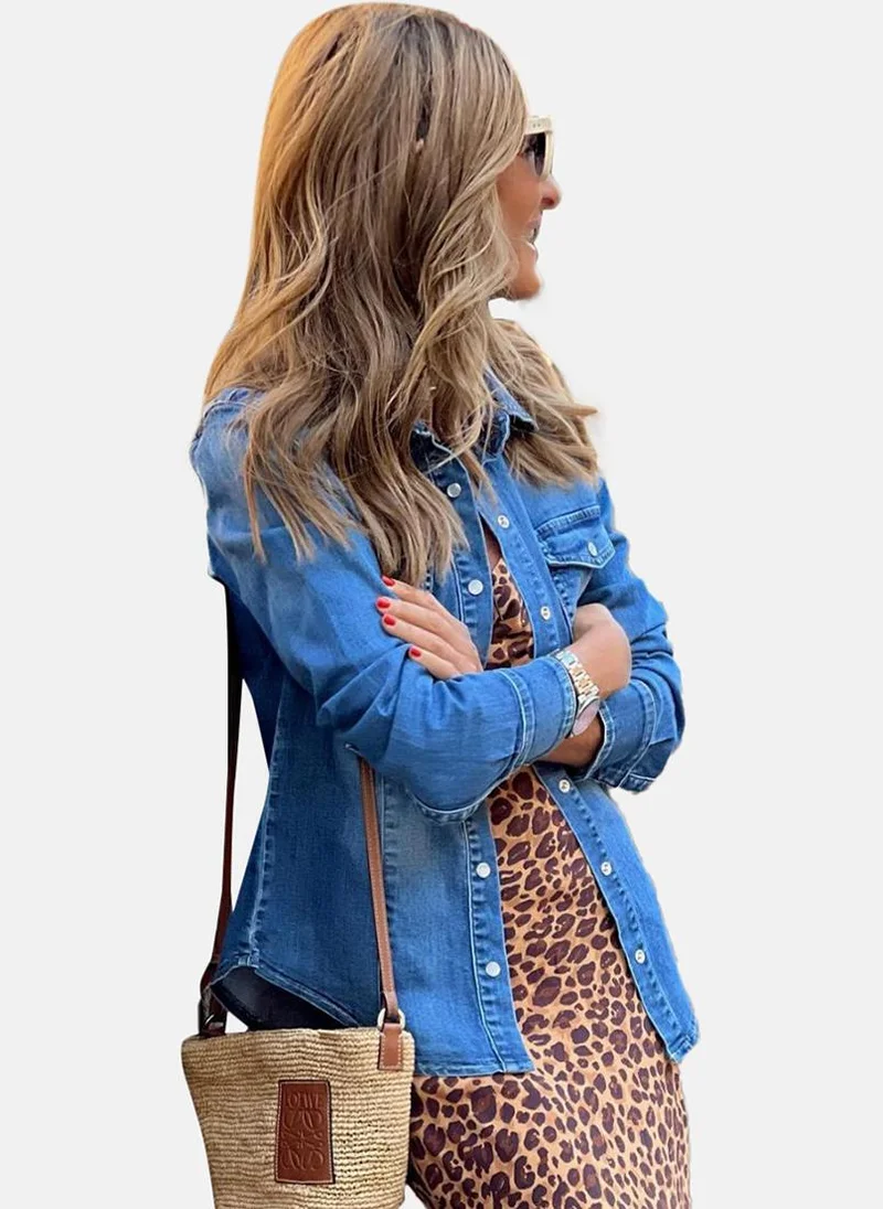 يونيكي Blue Spread Collar Long Sleeve Denim Jackets