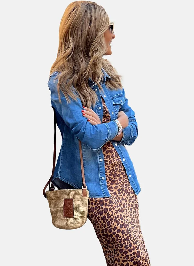 يونيكي Blue Spread Collar Long Sleeve Denim Jackets