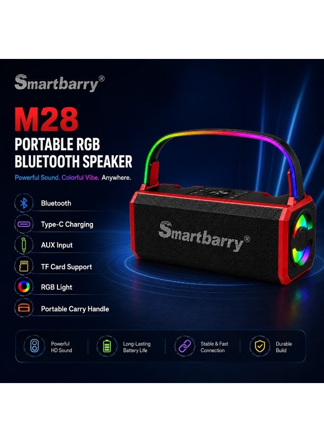 Smartbarry M28 Portable Wireless Bluetooth Speaker with RGB Light, Type-C Fast Charging, AUX Input, TF Card Support, Built-in Carry Handle, Powerful Bass Sound, Compact Travel Speaker – Red - Image 1