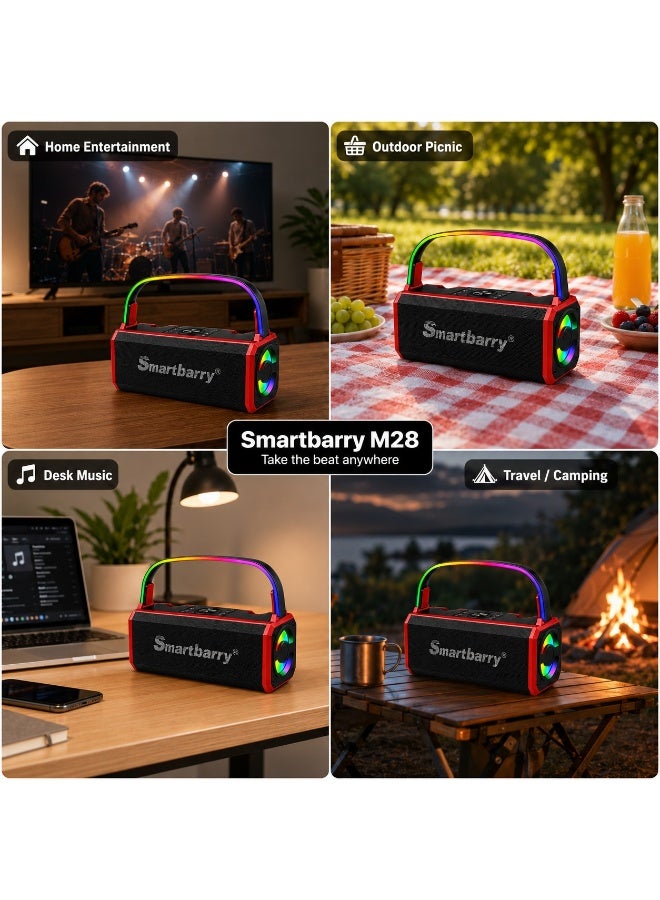 Smartbarry M28 Portable Wireless Bluetooth Speaker with RGB Light, Type-C Fast Charging, AUX Input, TF Card Support, Built-in Carry Handle, Powerful Bass Sound, Compact Travel Speaker – Red - Image 3