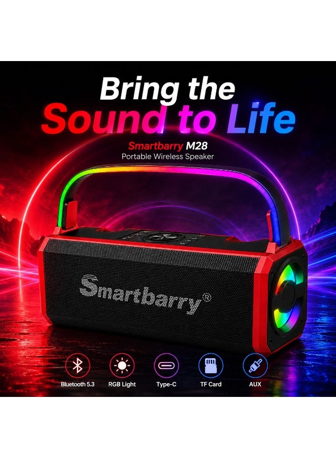 Smartbarry M28 Portable Wireless Bluetooth Speaker with RGB Light, Type-C Fast Charging, AUX Input, TF Card Support, Built-in Carry Handle, Powerful Bass Sound, Compact Travel Speaker – Red - Image 2
