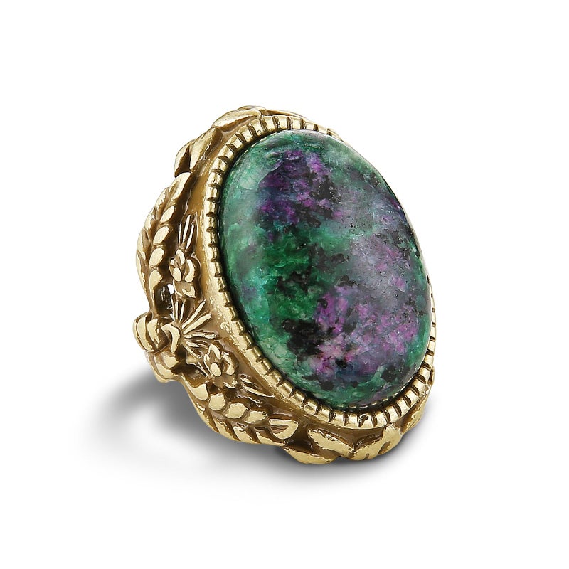 HZMAN Natural Turquoise Open Ring, Vintage Palace Style Adjustable Antique Brass Chunky Statement Ring, Handmade Jewelry for Women - Image 1