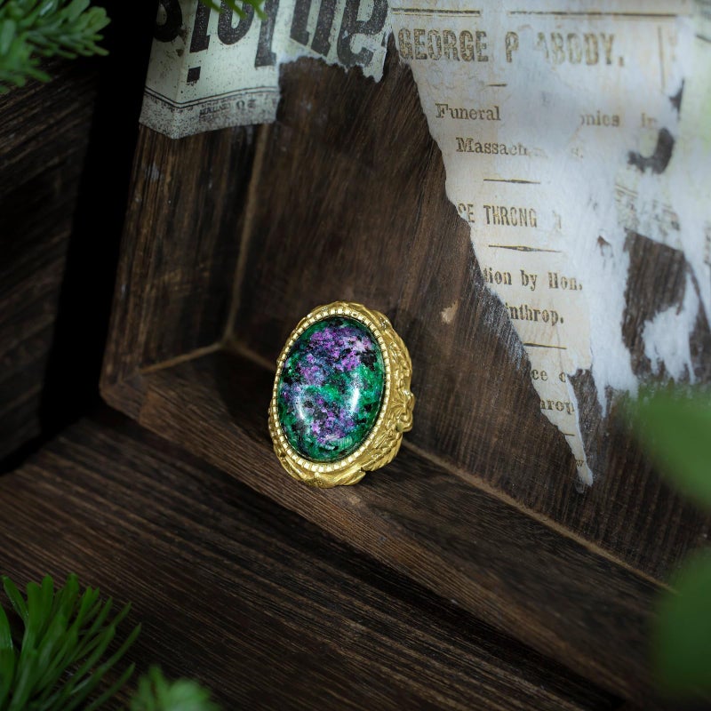 HZMAN Natural Turquoise Open Ring, Vintage Palace Style Adjustable Antique Brass Chunky Statement Ring, Handmade Jewelry for Women - Image 4