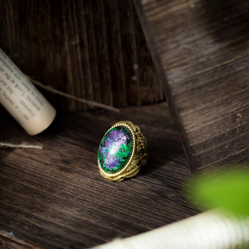 HZMAN Natural Turquoise Open Ring, Vintage Palace Style Adjustable Antique Brass Chunky Statement Ring, Handmade Jewelry for Women - Image 5