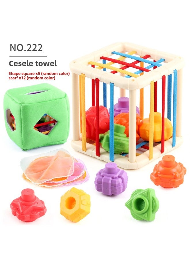 Baby Early Education Cloth Book Tissue Box Ring Paper Square Towel Cognitive Animal English Tear Not To Rip Children's Tissue Toy-Color:222 Cessele Green Bag (1 Cessele 1 Towel Box 8 Silk Scarf 5 Rattle) 170G  - Image 1