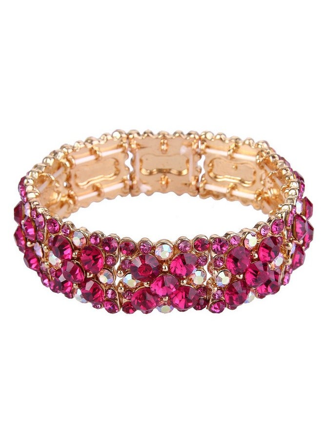 EVER FAITH Women'S Round Austrian Crystal Elegant Bridal Stretch Bracelet Fuchsia Goldtone  - Image 1