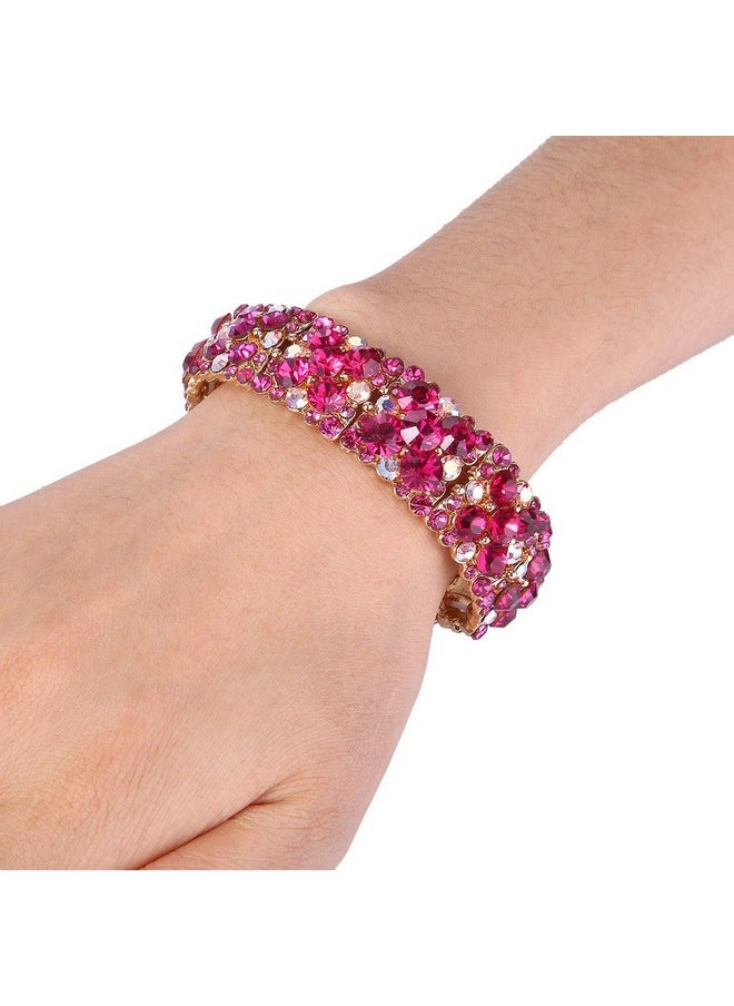 EVER FAITH Women'S Round Austrian Crystal Elegant Bridal Stretch Bracelet Fuchsia Goldtone  - Image 3