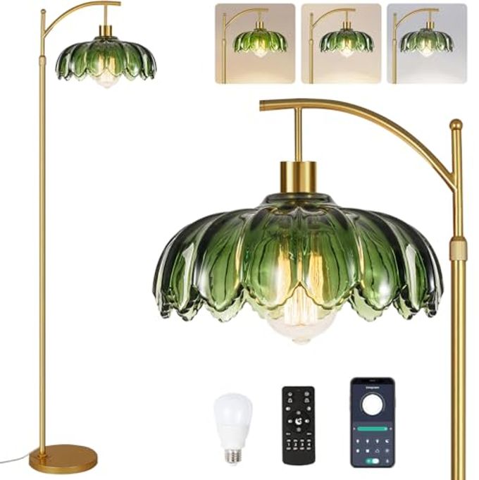 ILLMTW Gold Floor Lamp for Living Room,Bedroom,Mid Century Modern Standing Lamp with Remote,Dimmable Brass Tall Lamp Vintage Retro Green Glass Arc Floor Flower Floor Light Boho Bohemian - Image 4