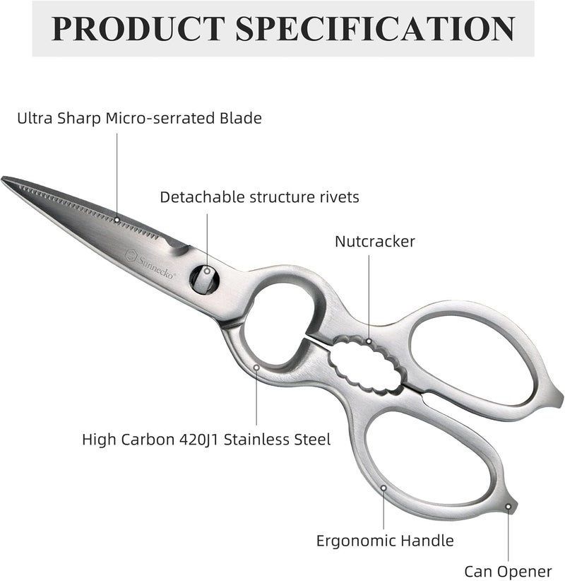 Sunnecko Heavy Duty Kitchen Scissors - Stainless Steel Kitchen Shears, Ultra Sharp Micro Serrated Poultry Shears, Cooking Scissors for Meat, Dishwasher Safe - Image 2