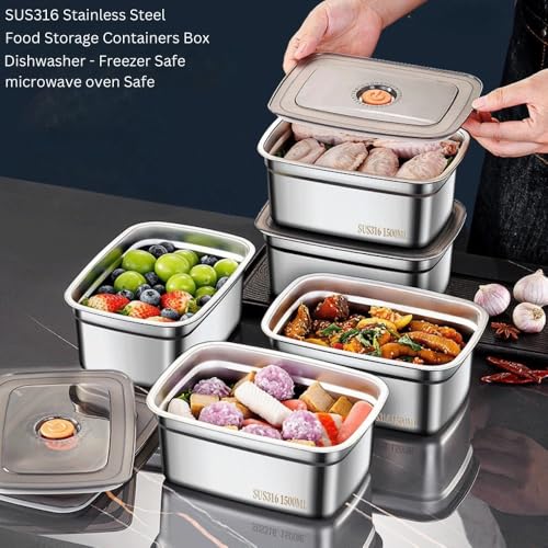 WE-CEF Food Storage Containers Leak Proof & Airtight Lids For Kitchen Sus 316 Stainless Steel Bowl Fridge Storage Containers 1500 Ml For Food Leftover Storage Microwave Safe (4 Pcs),Silver & Grey - Image 5
