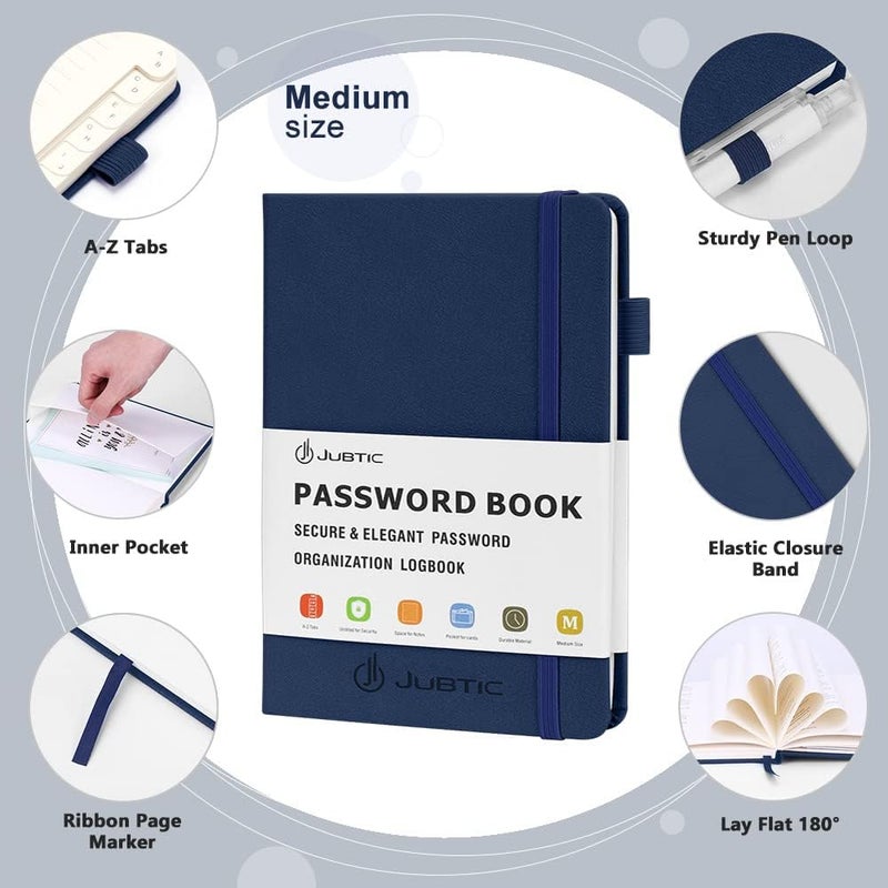 JUBTIC Password Keeper Book with Alphabetical Tabs. Medium Size Password Book for Seniors, Internet Website Address Log in Detail. Hardcover Password Notebook for Home Office, Navy Blue - Image 2
