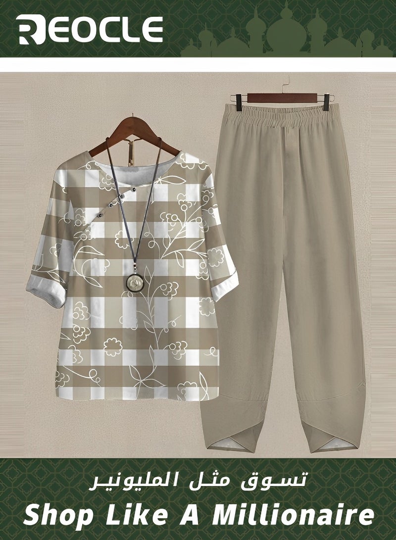 REOCLE Women's Sportswear Suit Spring and Summer Cotton and Linen Two-piece Set 1/2 Sleeve T-shirt Pants Women's Pajamas Fitness Women's High-waisted Loose Suit - Image 1