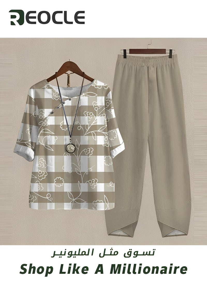 REOCLE Women's Sportswear Suit Spring and Summer Cotton and Linen Two-piece Set 1/2 Sleeve T-shirt Pants Women's Pajamas Fitness Women's High-waisted Loose Suit - Image 2