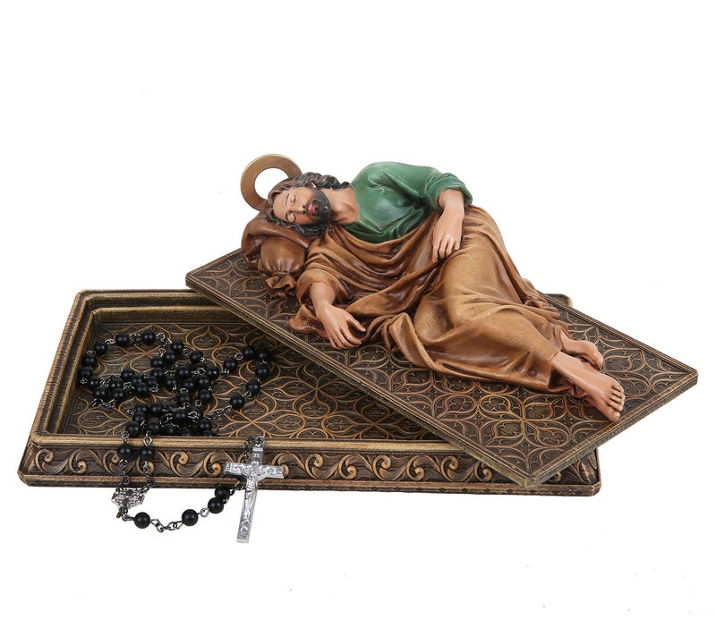 BC Catholic Sleeping Saint Joseph Statue with Case Base with Metal HaloPrayer Cards Holder Religious Gift for Dad Patron Saint Home Decor 88 L Hand Painted by Buildclassic Dark Full Color
